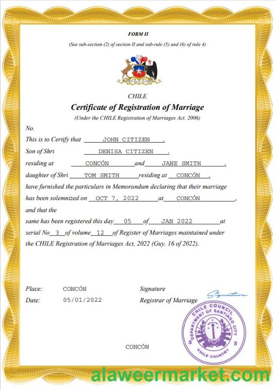 Chile marriage certificate Word and PDF template